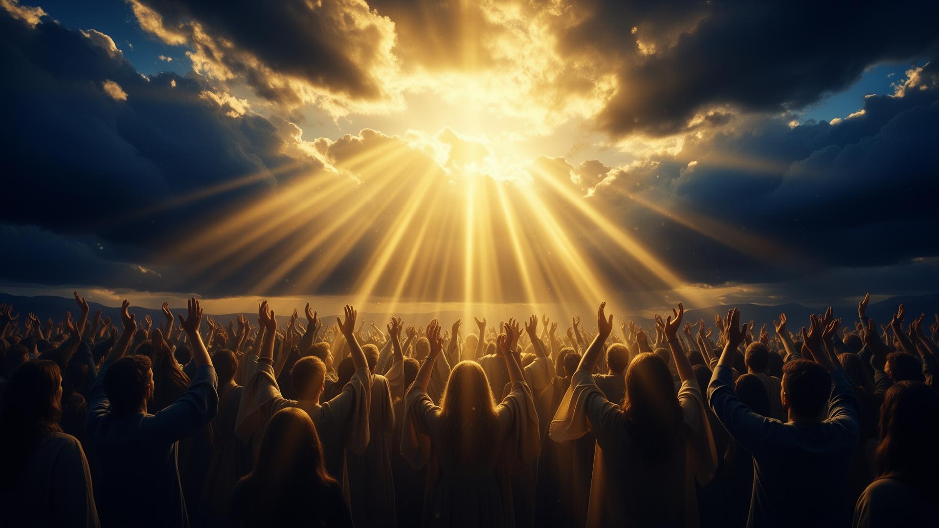 Golden light breaking through clouds over worshippers